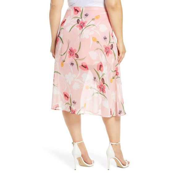 Leith Women's Skirt Pink Floral Size 1X Chiffon Partially Lined Side Split - Picture 2 of 8